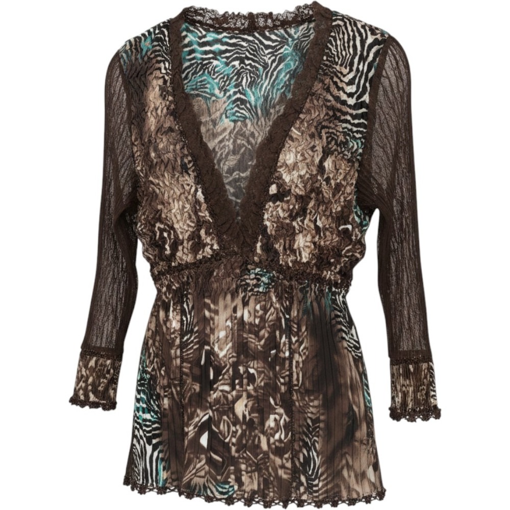 Alberto Makali Brown Animal Print Pleated Crochet Lace V-Neck Blouse XL NWT